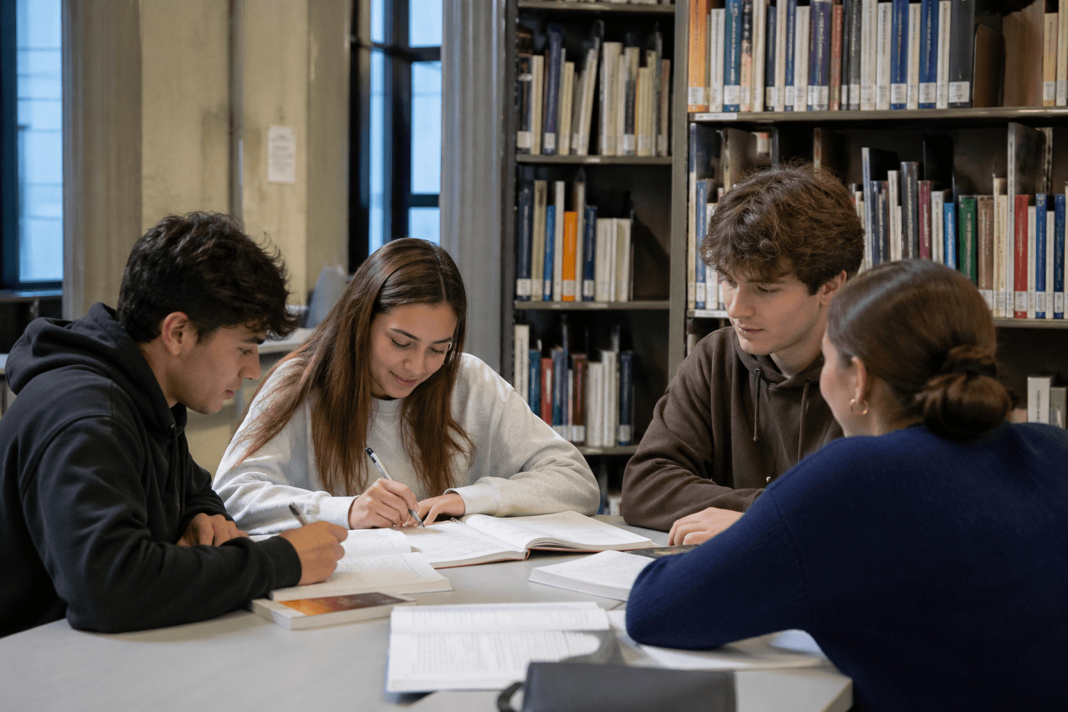 Petit groupe d'étude de cégépiens en bibliothèque, concentrés et sans téléphones visibles