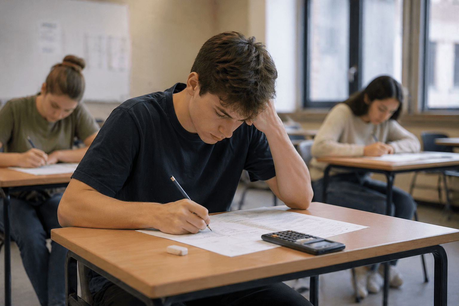 Étudiant cégépien concentré pendant un examen écrit