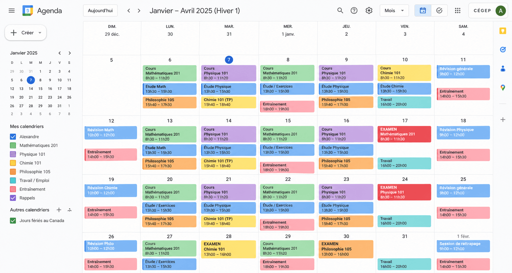 Exemple de calendrier maître de session avec cours codés par couleur, examens en rouge et plages d'étude en bleu