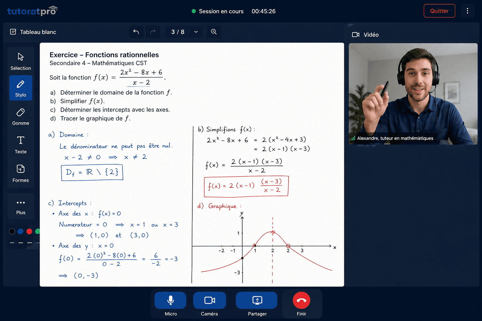 Plateforme de tutorat en ligne Tutorat Pro avec tableau blanc partagé montrant un exercice de mathématiques de secondaire 4 et la vidéo du tuteur en haut à droite