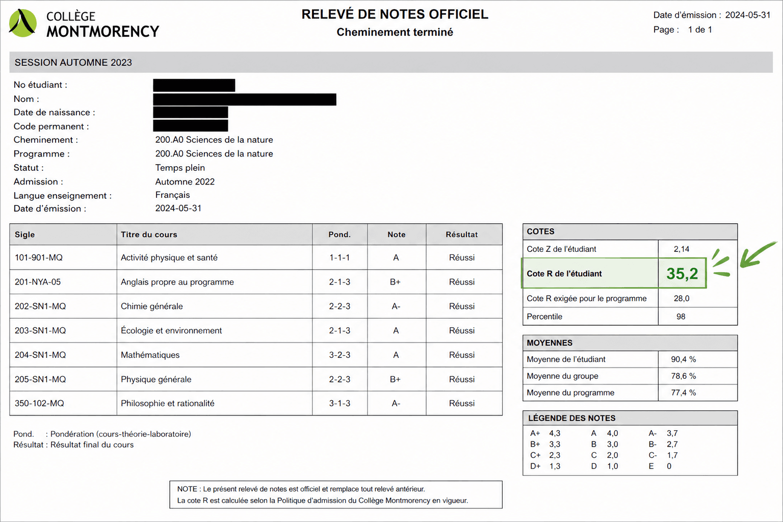 Bulletin collégial avec une cote R de 35,2 surlignée