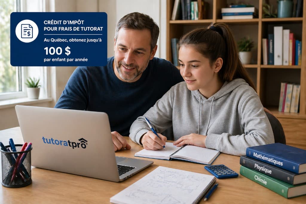 Crédit d'impôt pour frais de tutorat au Québec : jusqu'à 100 $ par enfant par année, illustré par un parent qui aide son adolescente à travailler ses mathématiques sur un ordinateur Tutorat Pro