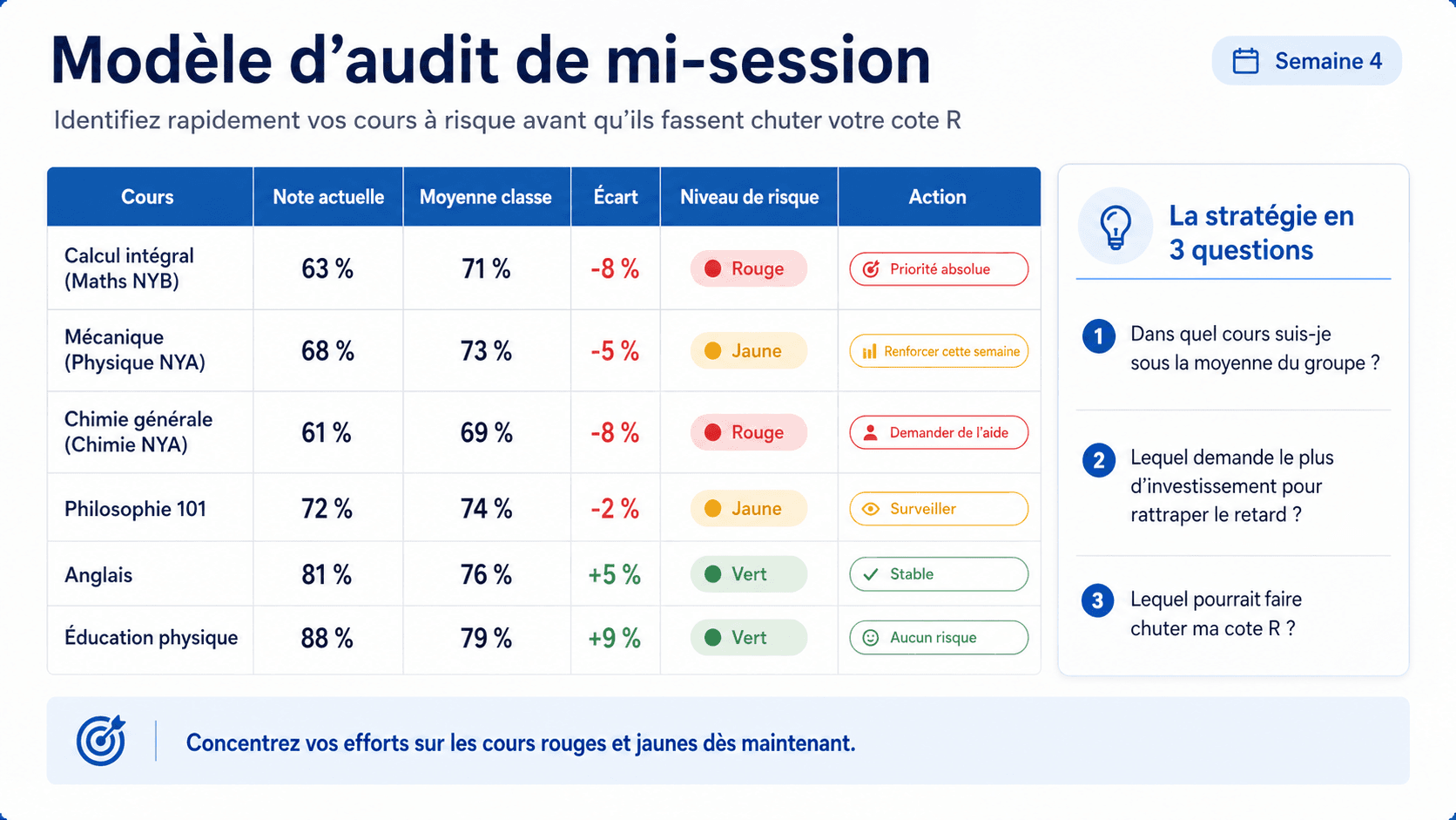 Modèle d'audit de mi-session : tableau avec colonnes Cours, Note actuelle, Moyenne de la classe et Niveau de risque (vert/jaune/rouge)